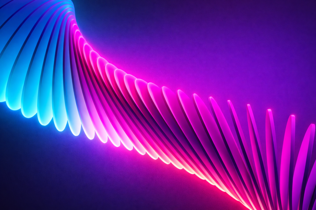 Abstrakte, leuchtende Wellenform aus cyanfarbenen und magentafarbenen Segmenten auf violettem Hintergrund