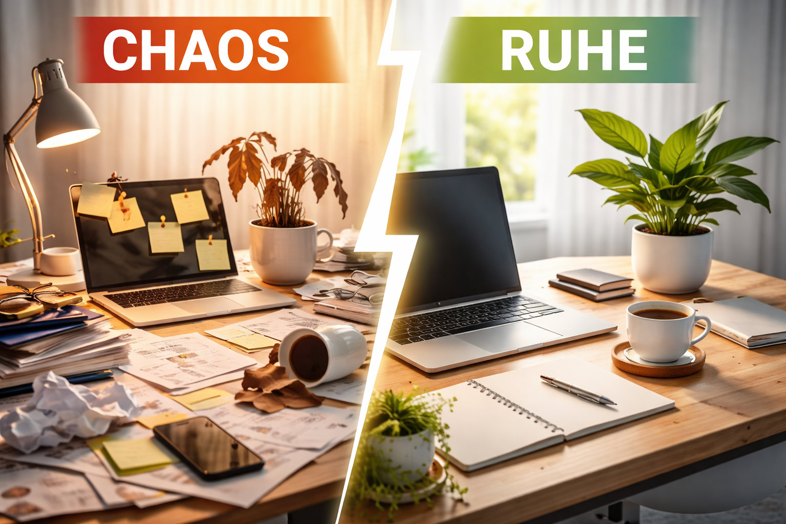 Chaos am Schreibtisch im Kontrast zu einer ruhigen Pflanze