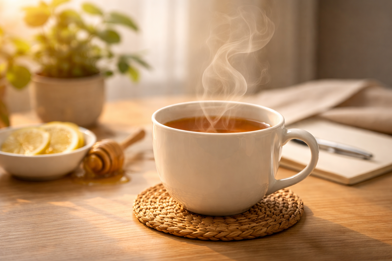 Dampfende Tasse Tee auf Holztisch bei Morgenlicht