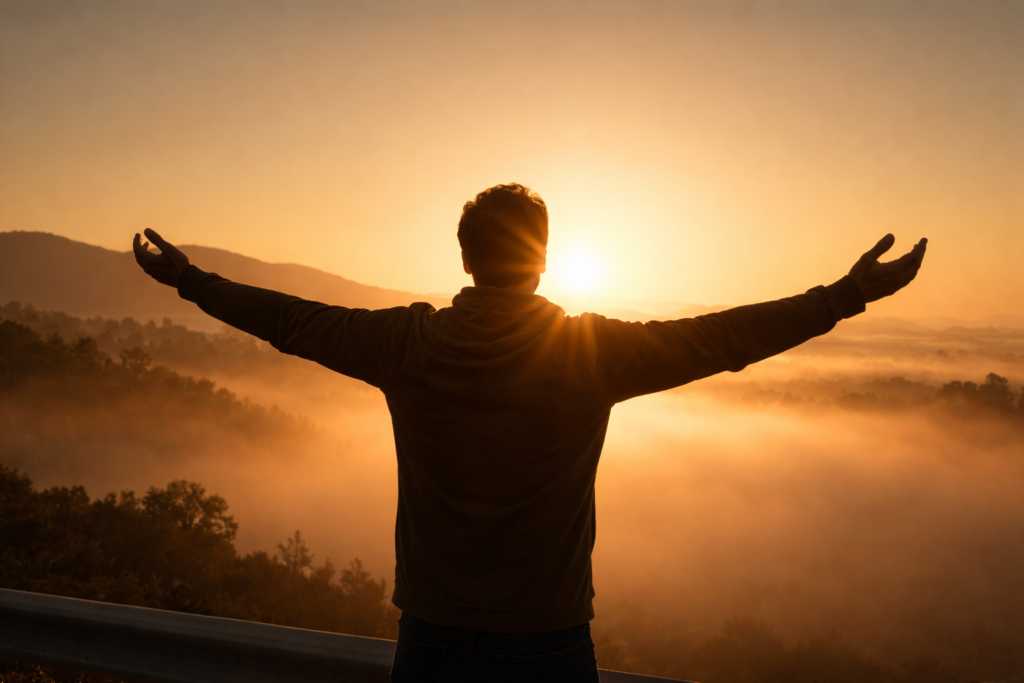Silhouette eines Mannes mit ausgebreiteten Armen vor Sonnenaufgang über nebeliger Berglandschaft im Querformat