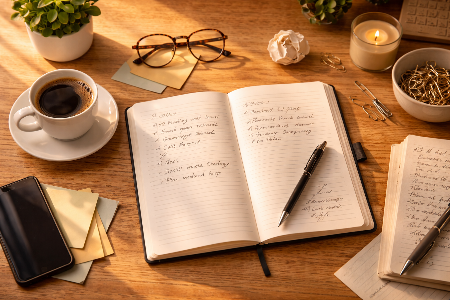 Notizbuch mit Kaffee und Kerze im warmen Morgenlicht