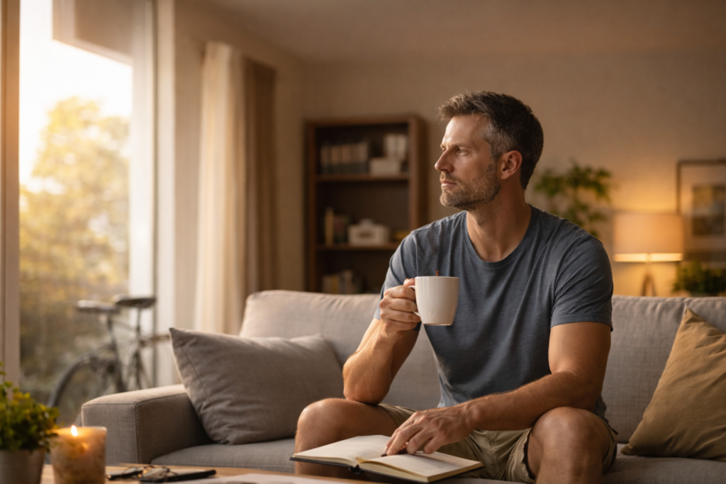 Mann sitzt entspannt auf dem Sofa mit Kaffeetasse und Notizbuch, blickt nachdenklich aus dem Fenster – Sinnbild für mentale Klarheit und einfache Alltagsroutinen