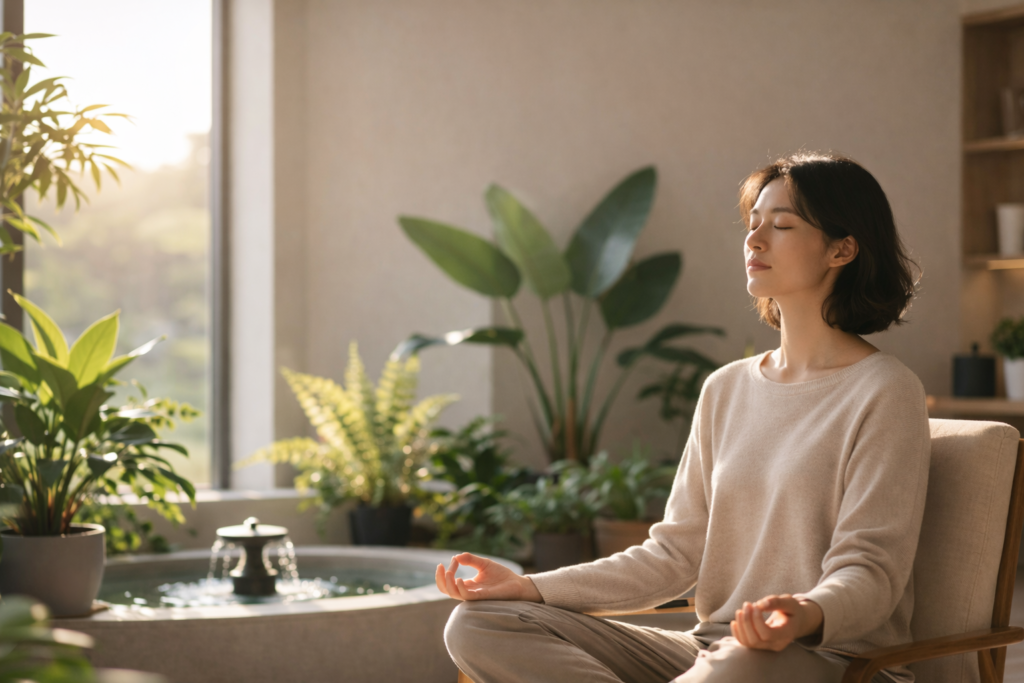 Junge Frau meditiert entspannt in hellem Raum mit Pflanzen und Wasserbrunnen – Symbol für mentale Stärke und gezielte Erholung im Alltag