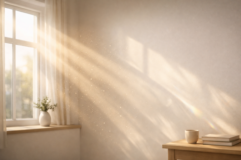 Minimalistisches Header-Bild mit warmem Morgenlicht, sichtbaren Lichtstrahlen und schwebendem Staub in einem hellen Raum im skandinavischen Stil
