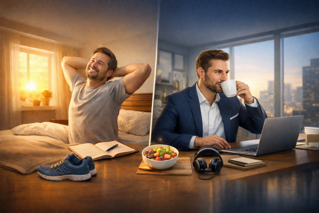 Morgenroutine für Berufstätige: Morgenlicht, Kaffee und Fokus am Schreibtisch – stressfrei produktiv starten