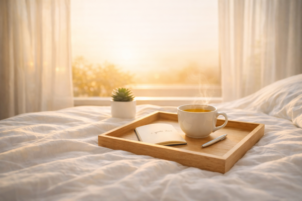 Ruhiger Sonnenaufgang mit Teetasse und Notizbuch als Symbol für kleine Routinen