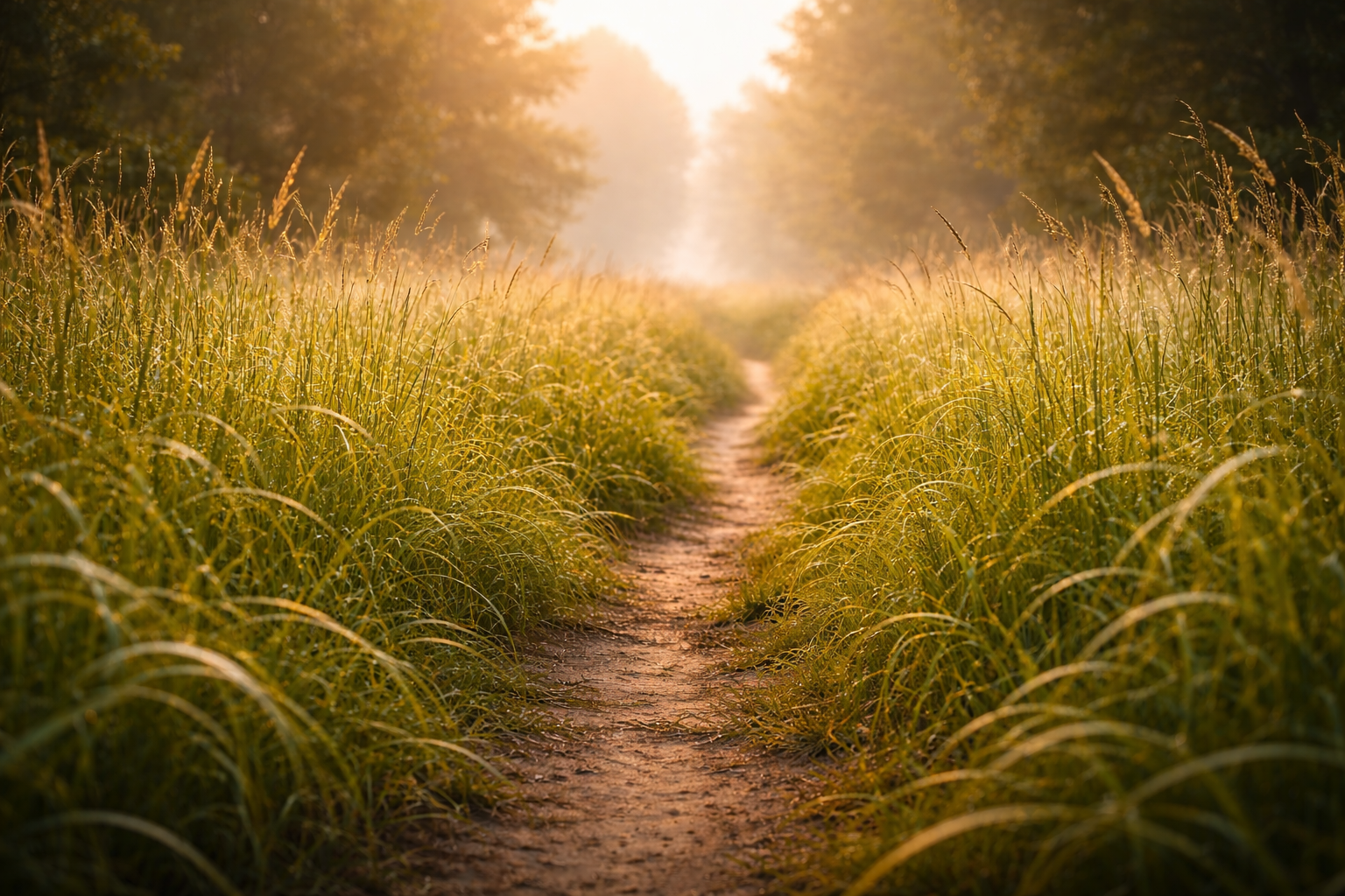 Schmaler natürlicher Pfad durch hohes Gras im Morgenlicht