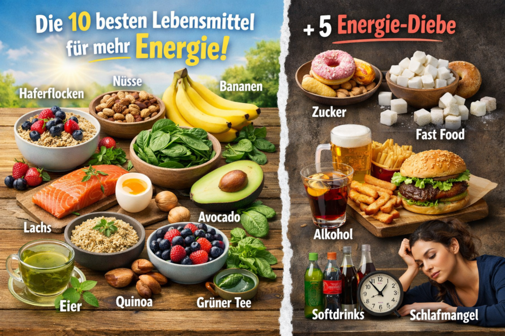 Lebensmittel für mehr Energie und typische Energie-Diebe