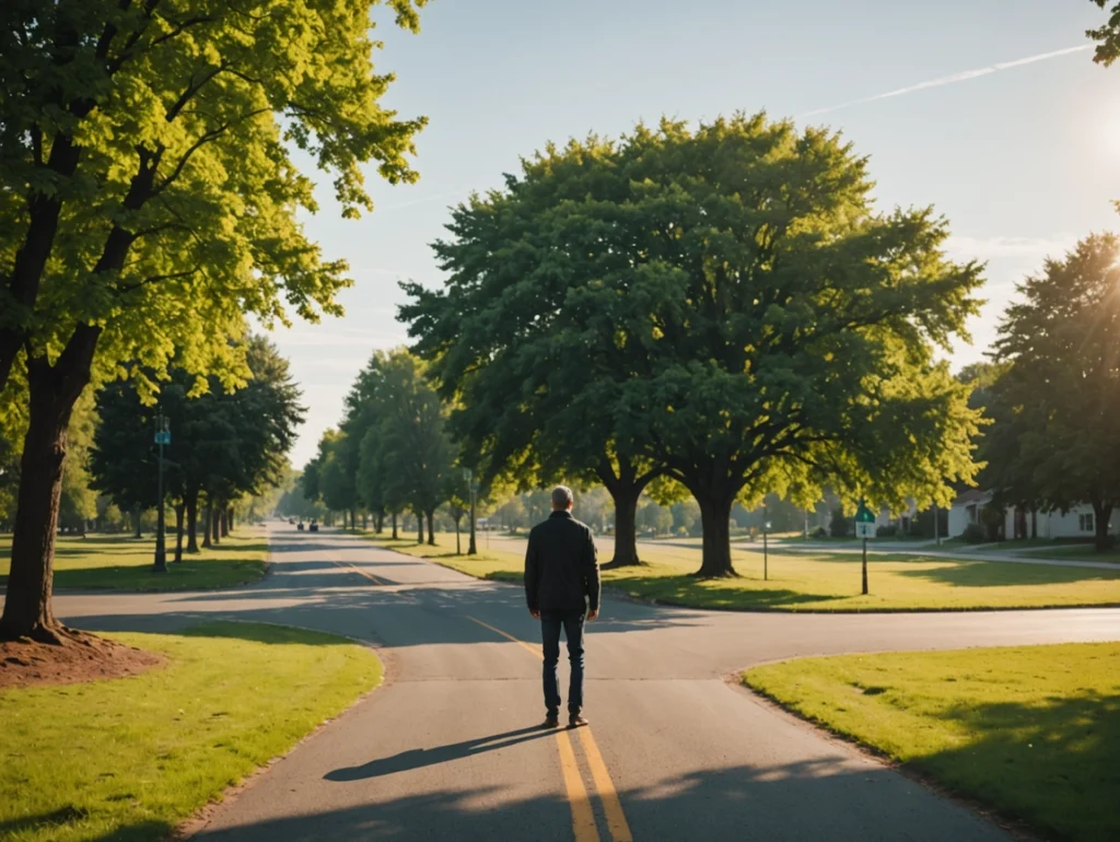 Eine Person geht allein eine ruhige, von Bäumen gesäumte Straße entlang, beleuchtet vom warmen Morgenlicht