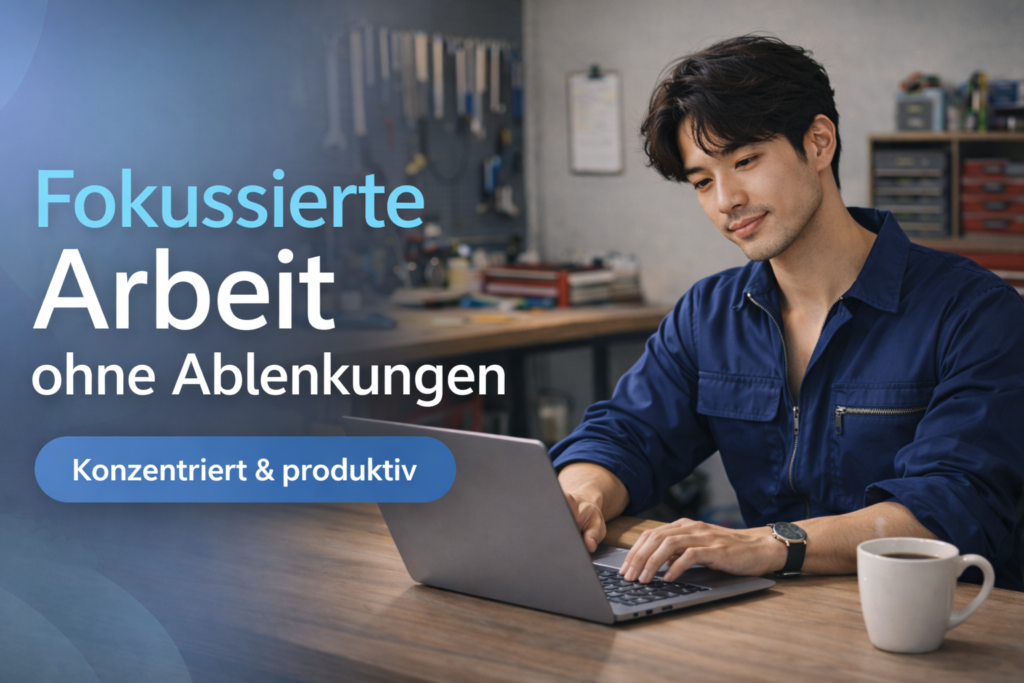 Mann im blauen Arbeitsoverall arbeitet konzentriert am Laptop in einem Werkstattbüro mit Werkzeugwand im Hintergrund – Fokus ohne Ablenkungen
