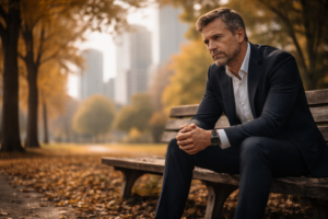 Nachdenklicher Mann Mitte 40 sitzt im Park und erlebt innere Leere und Sinnkrise trotz beruflichem Erfolg