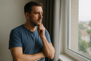 Nachdenklicher Mann in den 40ern steht am Fenster und reflektiert sein Leben